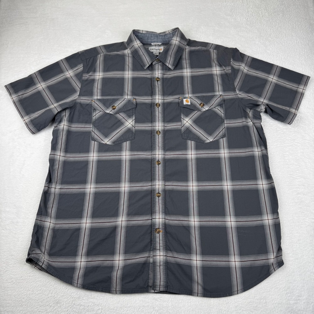 Carhartt Plaid Button Down Shirt Mens XL Gray Short Sleeve Relaxed Fit